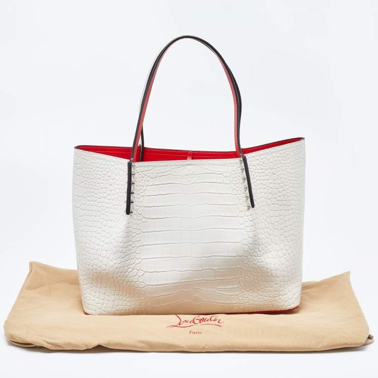Pre Owned Christian Louboutin Off White Croc Embossed Leather Cabarock Shopper Tote