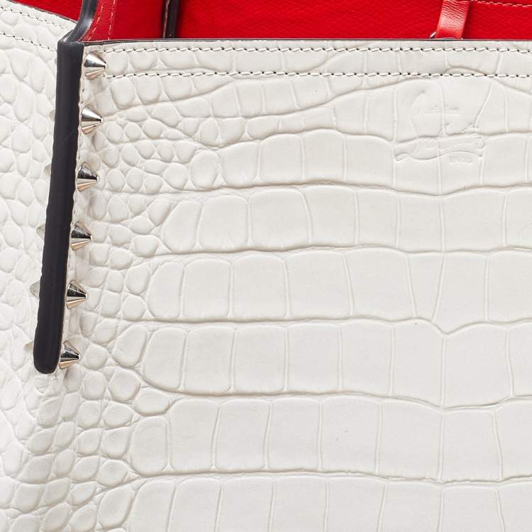 Pre Owned Christian Louboutin Off White Croc Embossed Leather Cabarock Shopper Tote