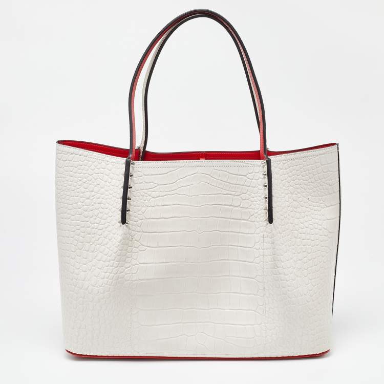 Pre Owned Christian Louboutin Off White Croc Embossed Leather Cabarock Shopper Tote