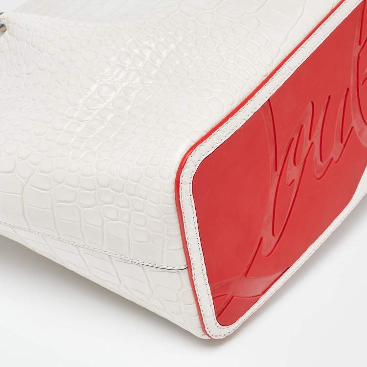 Pre Owned Christian Louboutin Off White Croc Embossed Leather Cabarock Shopper Tote
