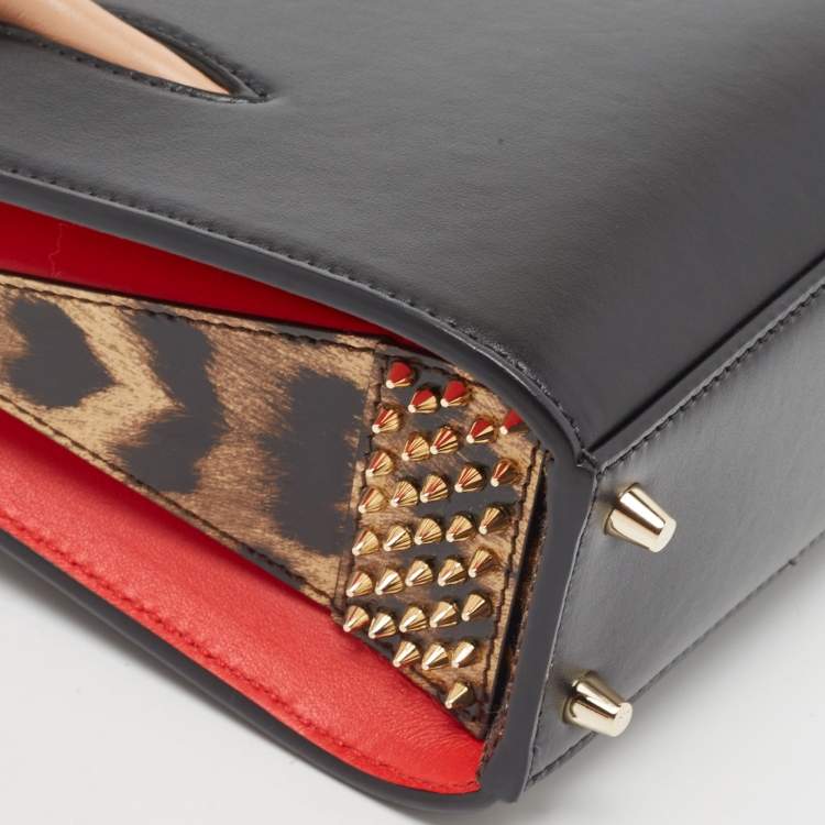 Pre Owned Christian Louboutin Black/Red Leopard Print Patent and Leather Nano Paloma Tote