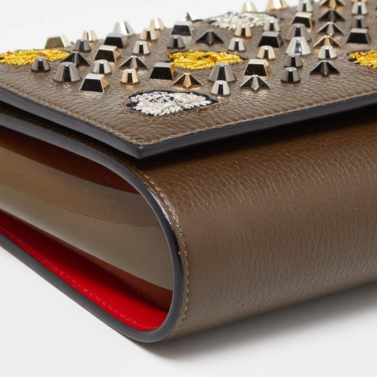 Pre Owned Christian Louboutin Olive Patent and Leather Paloma Embellished Chain Clutch
