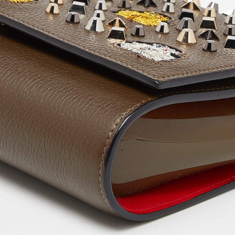 Pre Owned Christian Louboutin Olive Patent and Leather Paloma Embellished Chain Clutch