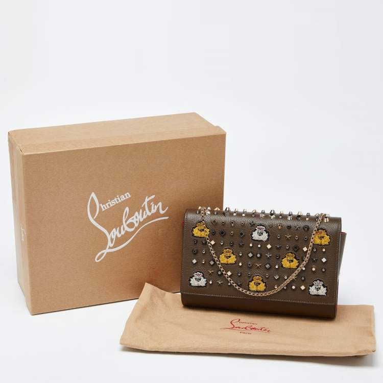 Pre Owned Christian Louboutin Olive Patent and Leather Paloma Embellished Chain Clutch