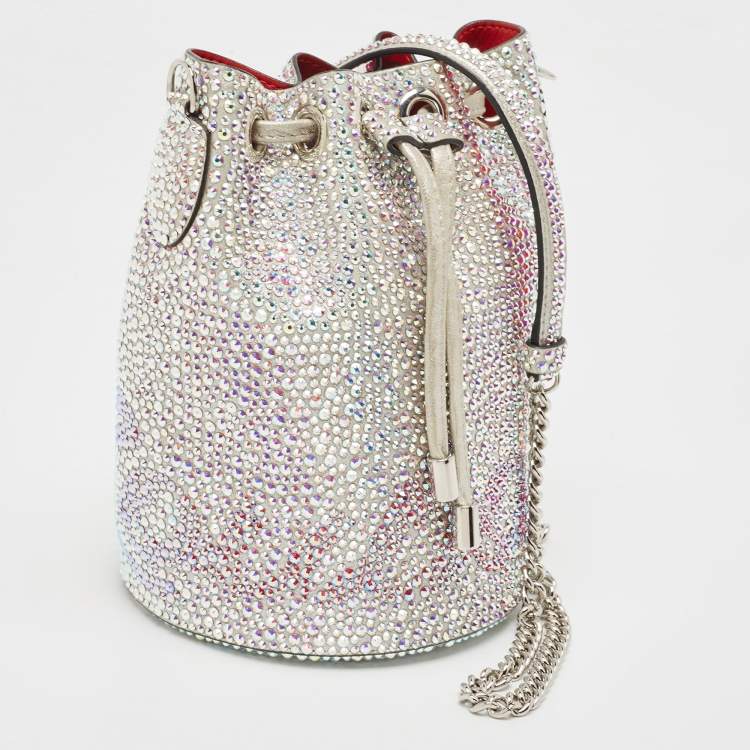 Pre Owned Christian Louboutin Silver Crystal Embellished Leather Marie Jane Bucket Bag