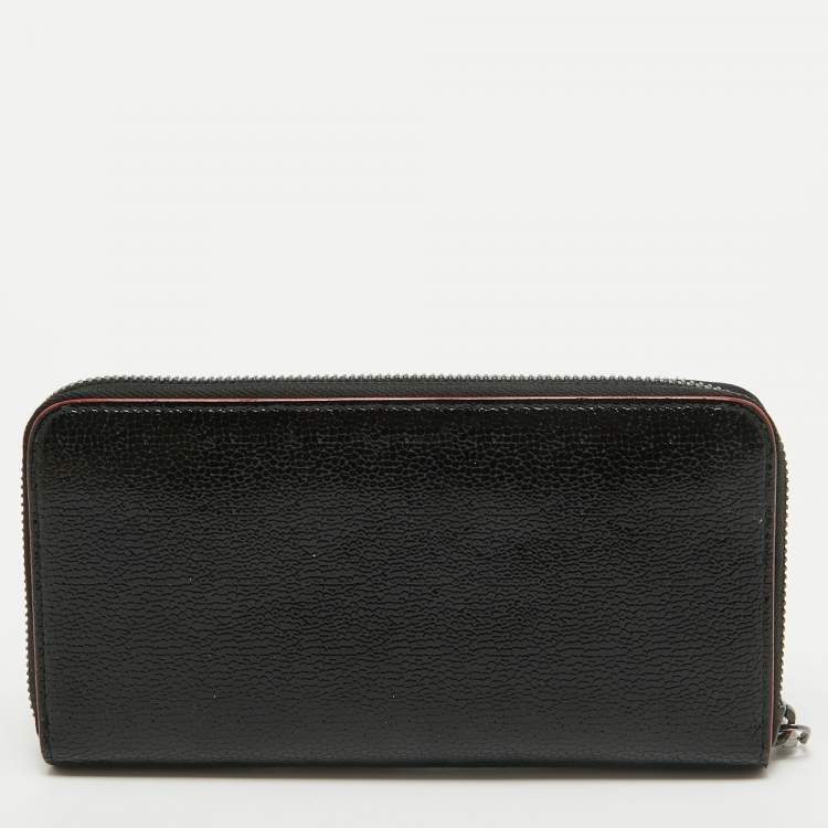 Pre Owned Christian Louboutin Black Crackled Patent Leather Zip Around Continental Wallet