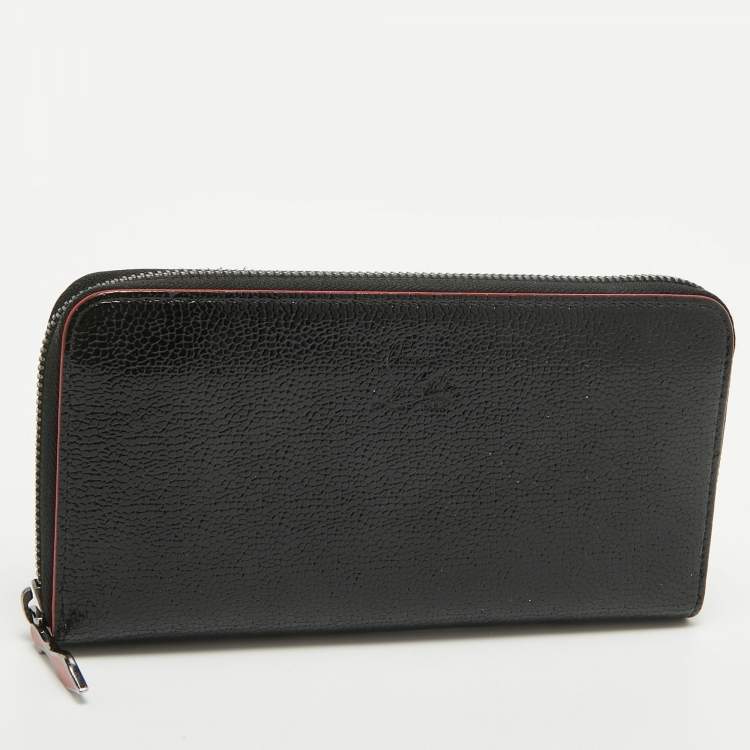 Pre Owned Christian Louboutin Black Crackled Patent Leather Zip Around Continental Wallet