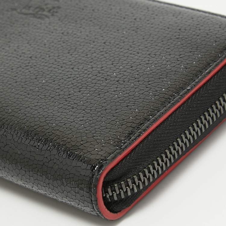 Pre Owned Christian Louboutin Black Crackled Patent Leather Zip Around Continental Wallet