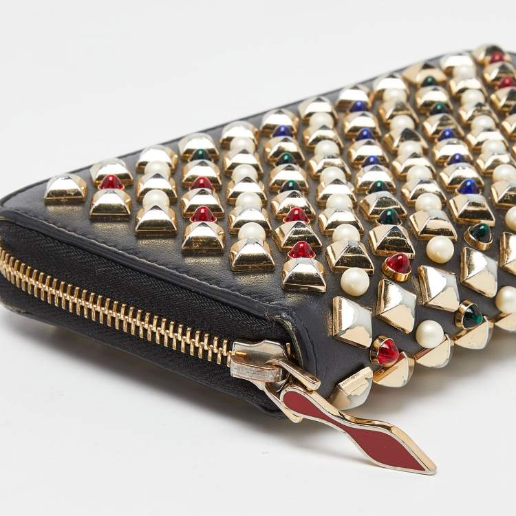 Pre Owned Christian Louboutin Black Leather Spikes Panettone Zip Around Wallet