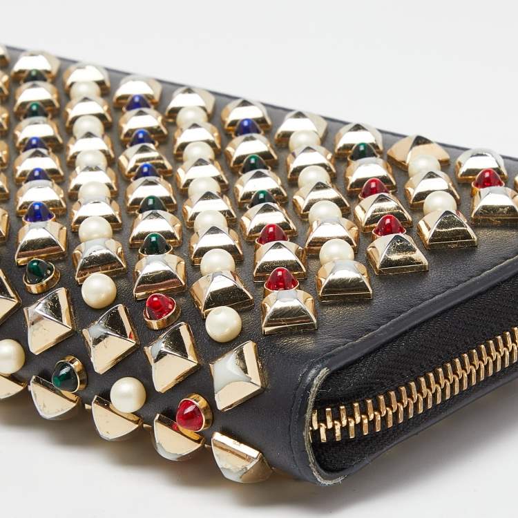 Pre Owned Christian Louboutin Black Leather Spikes Panettone Zip Around Wallet