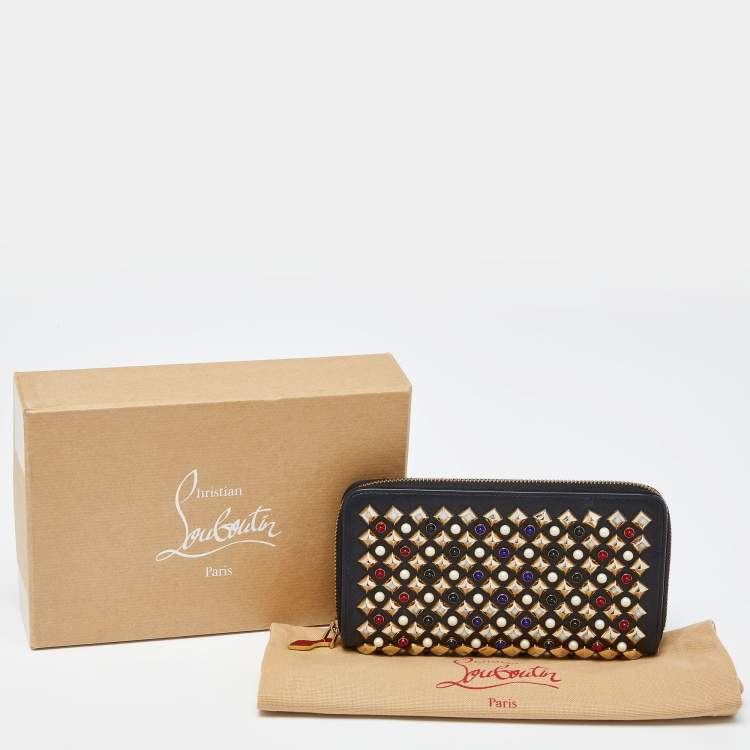 Pre Owned Christian Louboutin Black Leather Spikes Panettone Zip Around Wallet