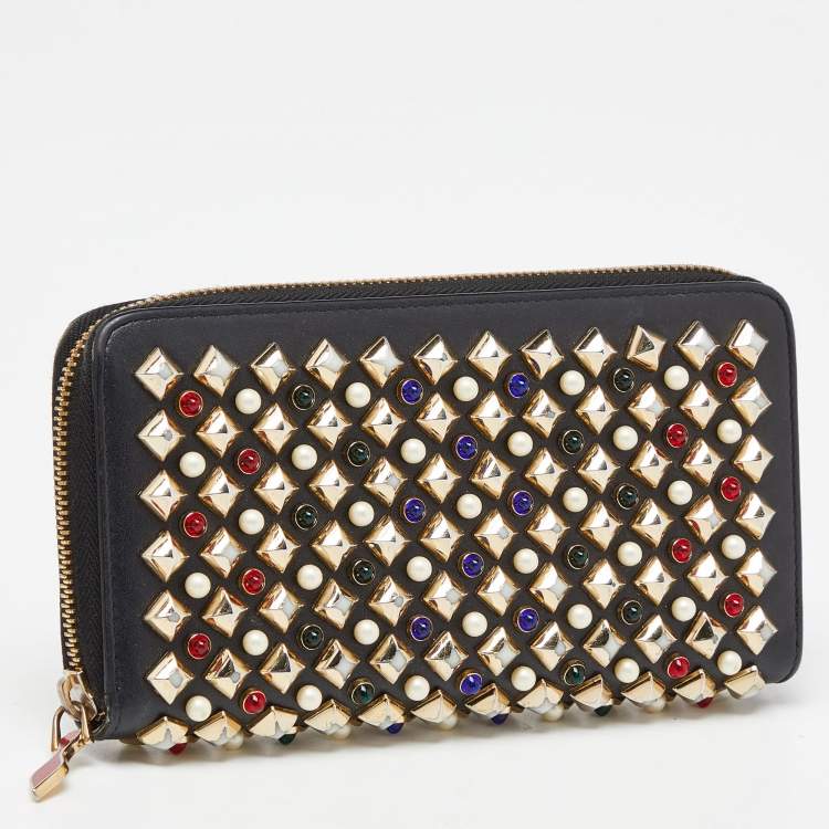 Pre Owned Christian Louboutin Black Leather Spikes Panettone Zip Around Wallet