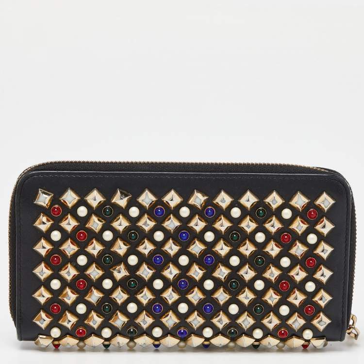 Pre Owned Christian Louboutin Black Leather Spikes Panettone Zip Around Wallet