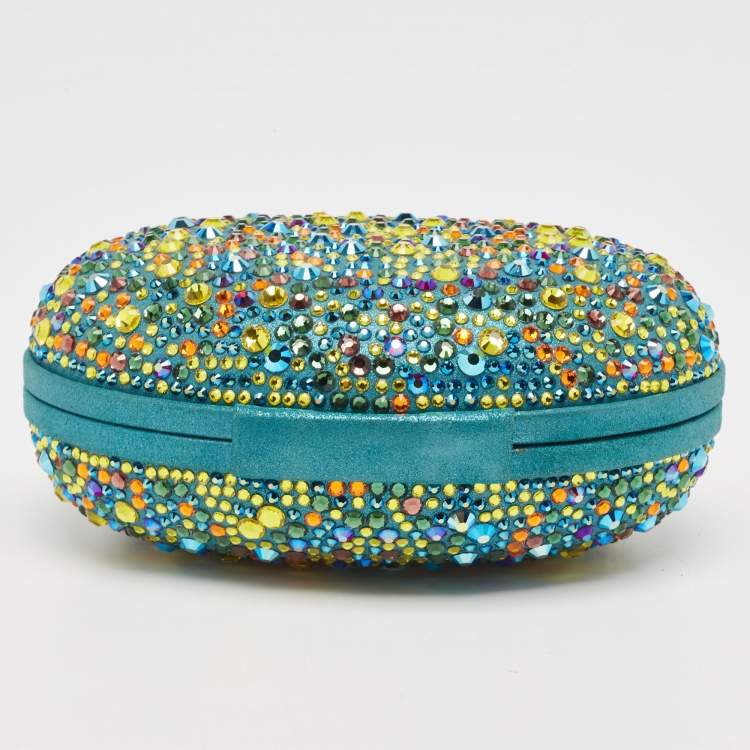 Pre Owned Christian Louboutin Teal Suede Crystals Embellished Mina Chain Clutch