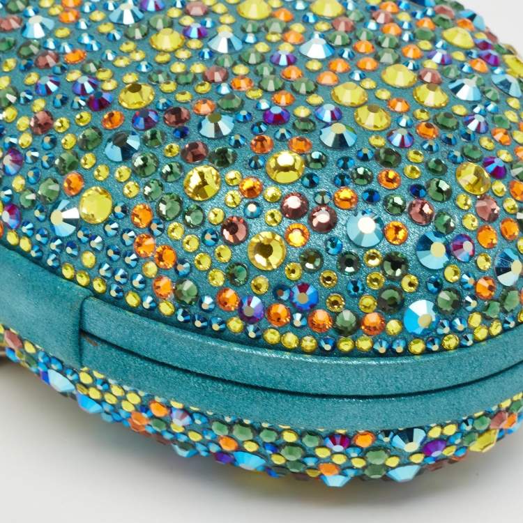 Pre Owned Christian Louboutin Teal Suede Crystals Embellished Mina Chain Clutch