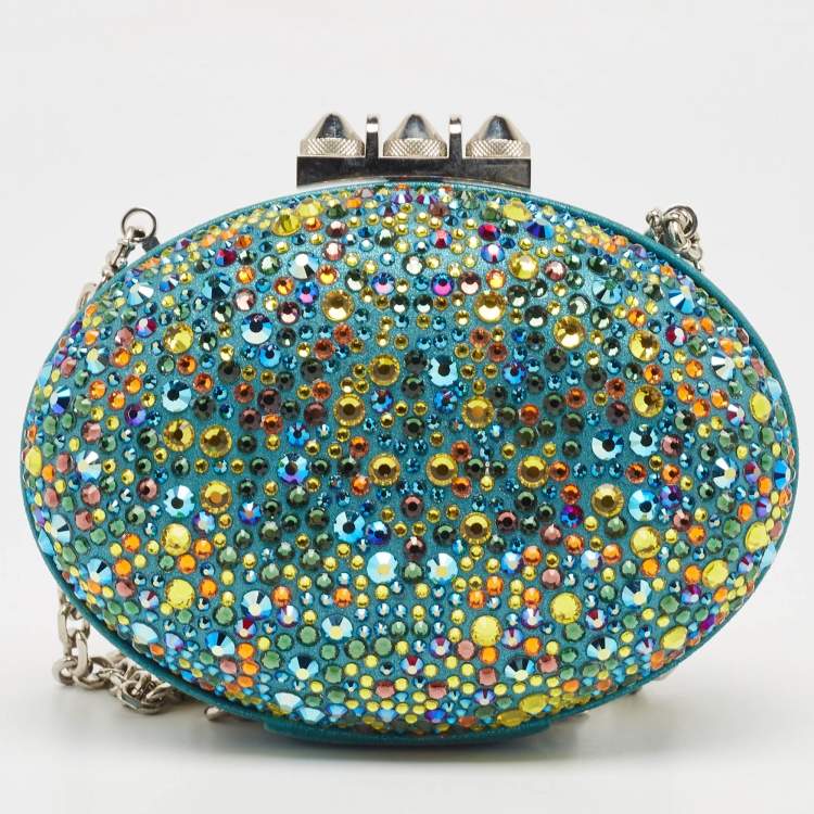 Pre Owned Christian Louboutin Teal Suede Crystals Embellished Mina Chain Clutch