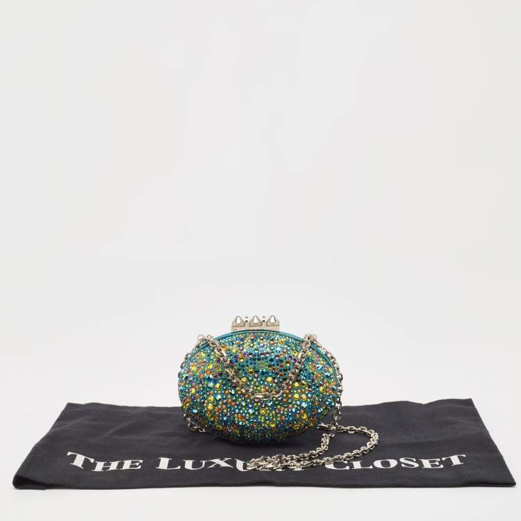 Pre Owned Christian Louboutin Teal Suede Crystals Embellished Mina Chain Clutch