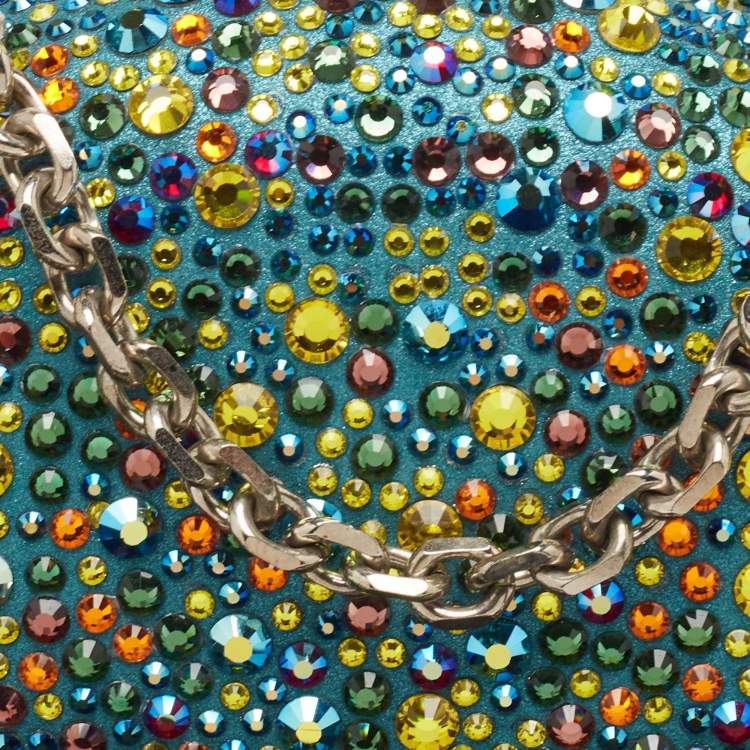 Pre Owned Christian Louboutin Teal Suede Crystals Embellished Mina Chain Clutch