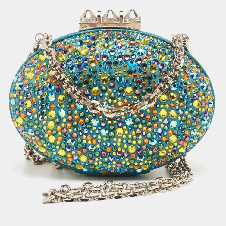 Pre Owned Christian Louboutin Teal Suede Crystals Embellished Mina Chain Clutch