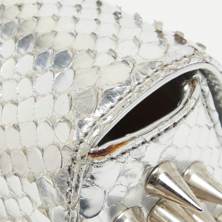 Pre Owned Christian Louboutin Silver Python Marquise Spiked Clutch