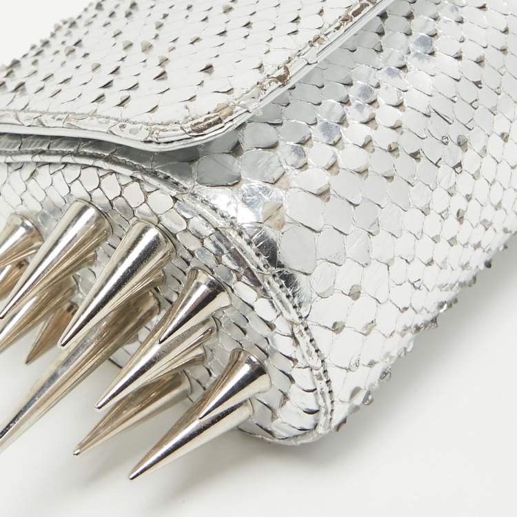 Pre Owned Christian Louboutin Silver Python Marquise Spiked Clutch