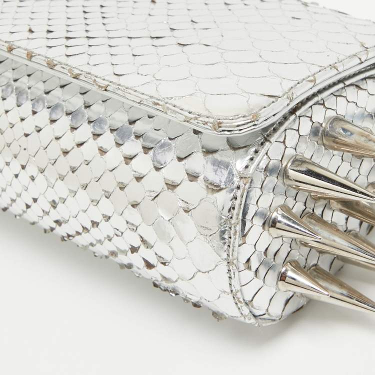 Pre Owned Christian Louboutin Silver Python Marquise Spiked Clutch
