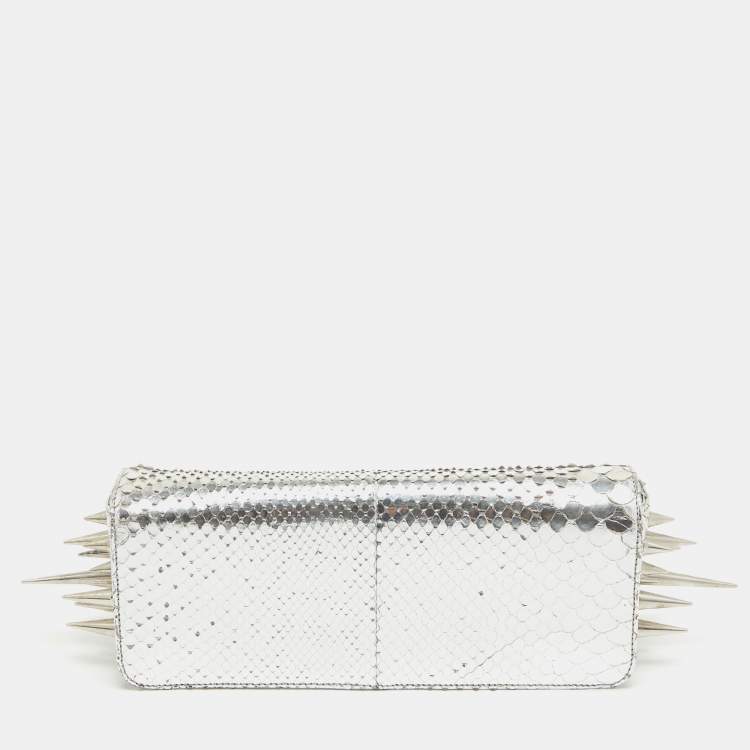 Pre Owned Christian Louboutin Silver Python Marquise Spiked Clutch