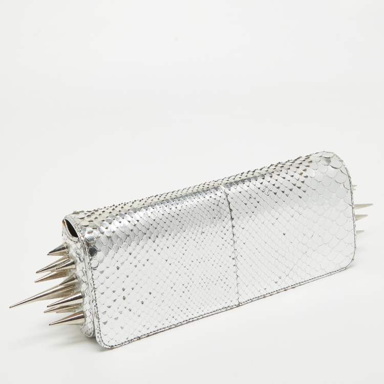 Pre Owned Christian Louboutin Silver Python Marquise Spiked Clutch