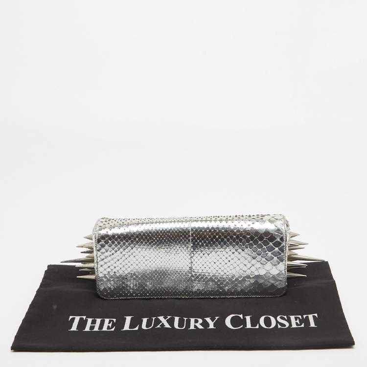 Pre Owned Christian Louboutin Silver Python Marquise Spiked Clutch