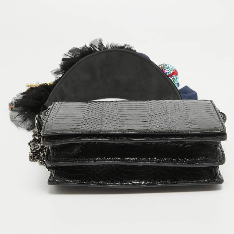 Pre Owned Christian Louboutin Black Watersnake Leather Flap Embellished Chain Bag