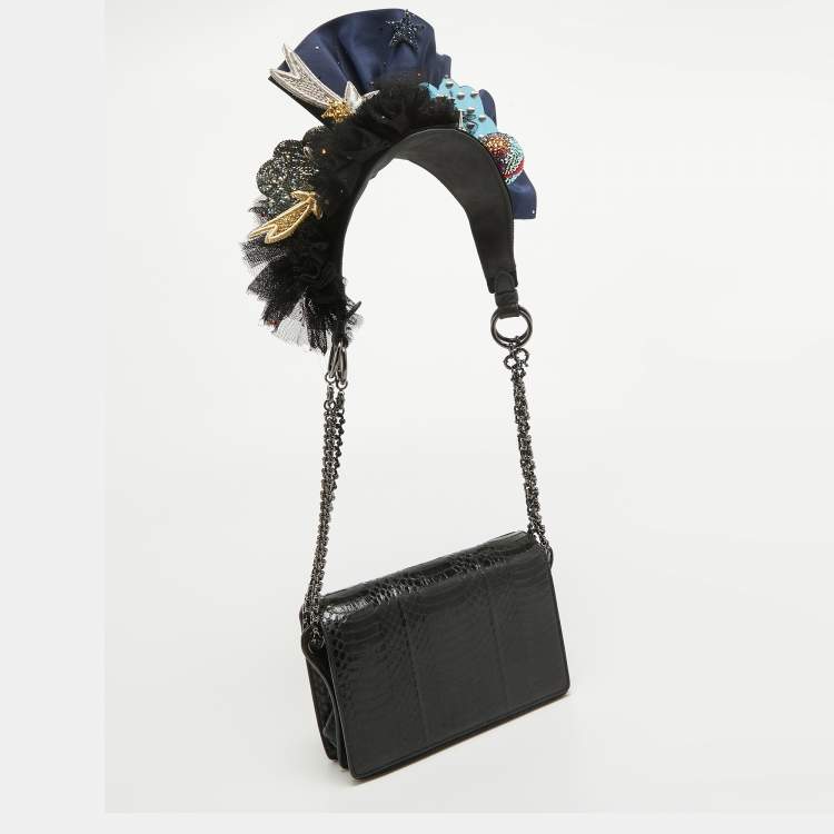 Pre Owned Christian Louboutin Black Watersnake Leather Flap Embellished Chain Bag