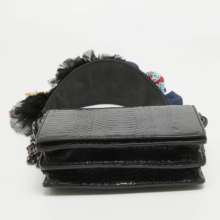 Pre Owned Christian Louboutin Black Watersnake Leather Flap Embellished Chain Bag