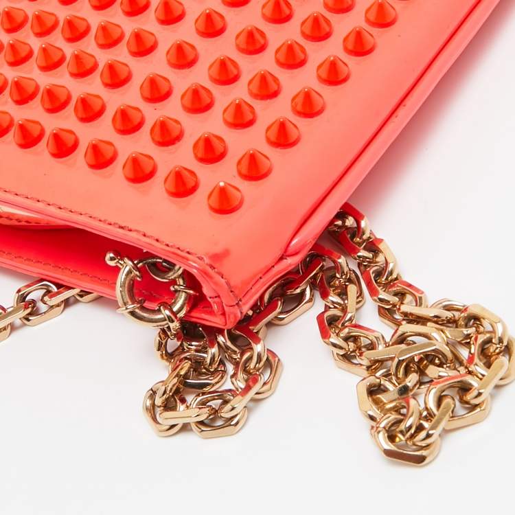 Pre Owned Christian Louboutin Neon Coral Orange Patent Leather Loubiposh Spike Chain Clutch