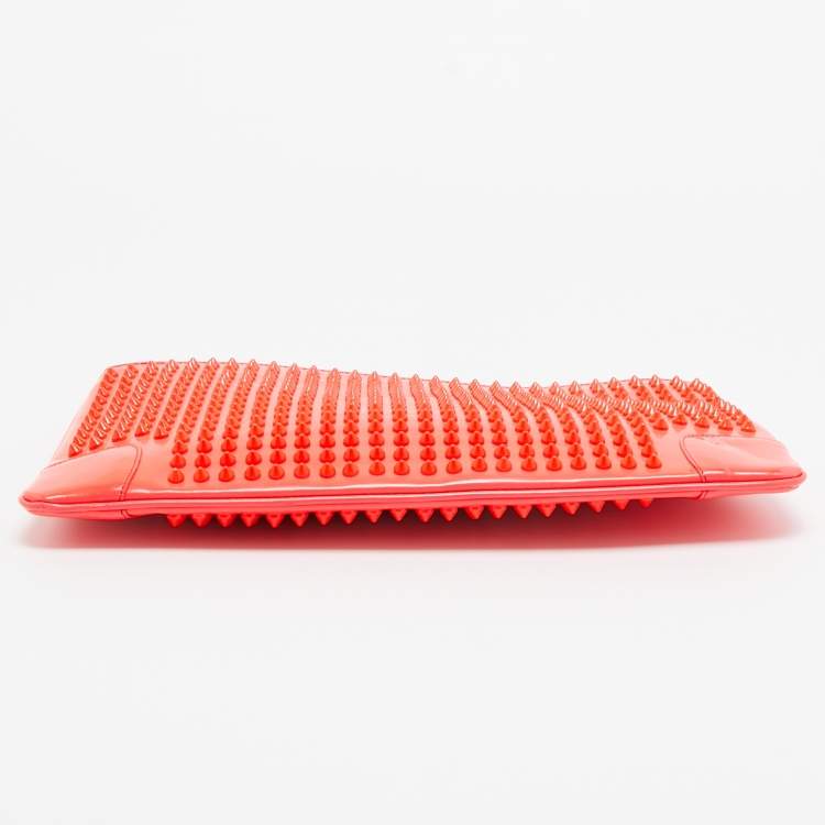 Pre Owned Christian Louboutin Neon Coral Orange Patent Leather Loubiposh Spike Chain Clutch