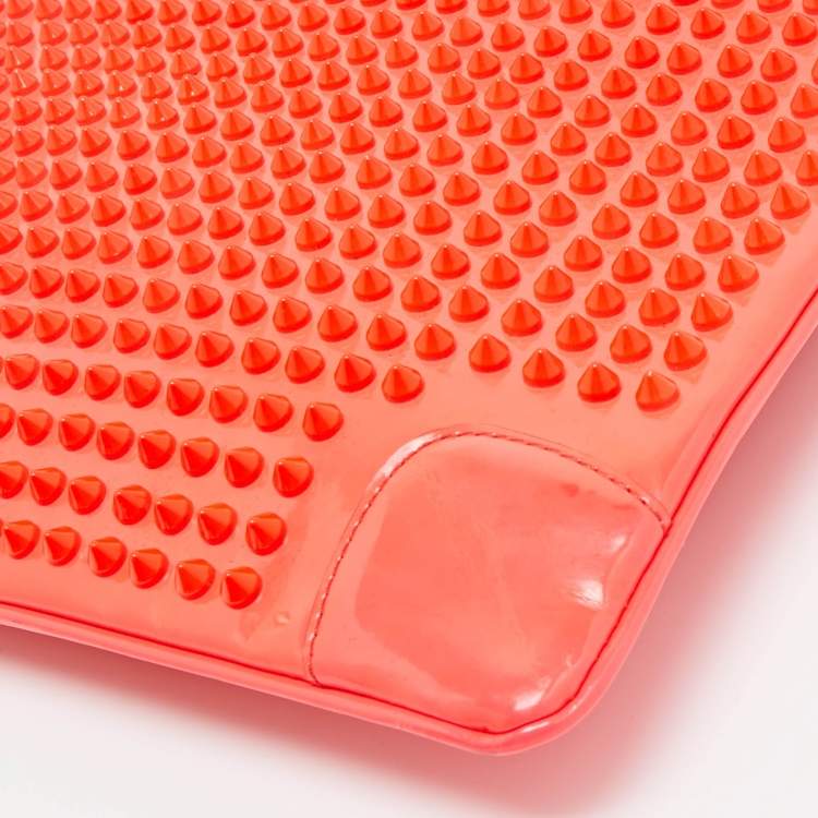 Pre Owned Christian Louboutin Neon Coral Orange Patent Leather Loubiposh Spike Chain Clutch