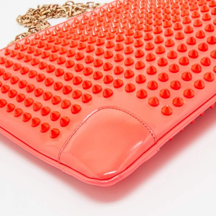 Pre Owned Christian Louboutin Neon Coral Orange Patent Leather Loubiposh Spike Chain Clutch
