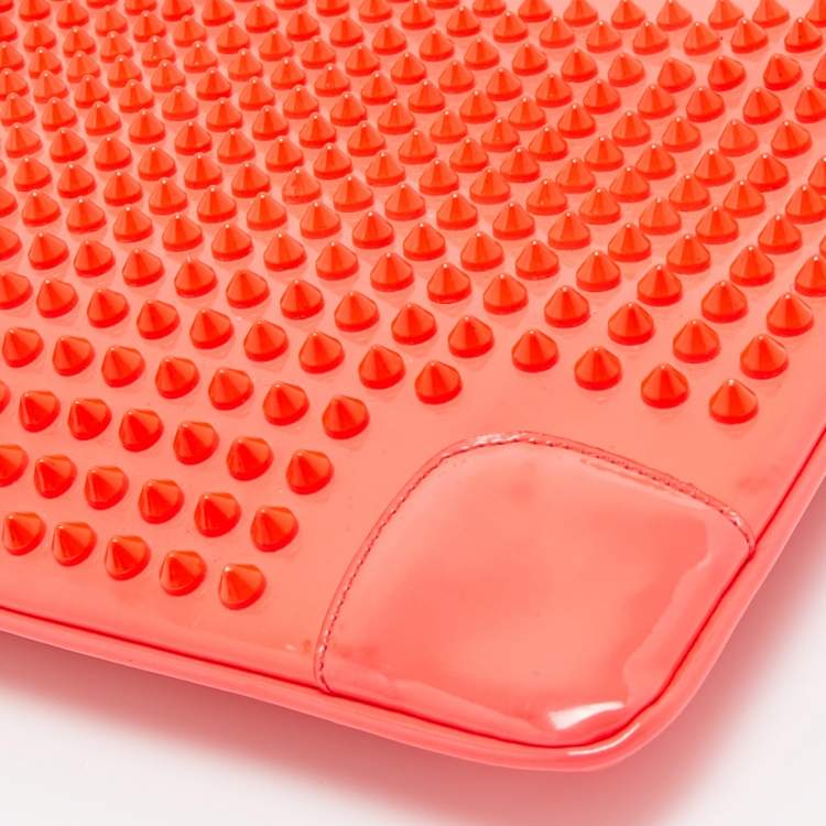 Pre Owned Christian Louboutin Neon Coral Orange Patent Leather Loubiposh Spike Chain Clutch