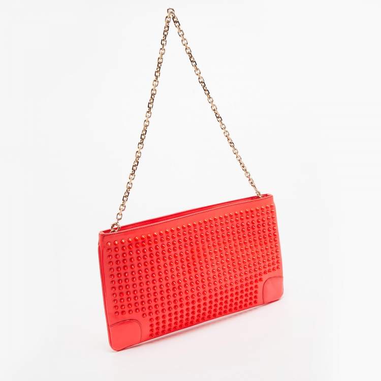 Pre Owned Christian Louboutin Neon Coral Orange Patent Leather Loubiposh Spike Chain Clutch