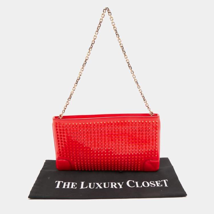 Pre Owned Christian Louboutin Neon Coral Orange Patent Leather Loubiposh Spike Chain Clutch