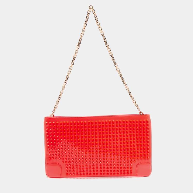 Pre Owned Christian Louboutin Neon Coral Orange Patent Leather Loubiposh Spike Chain Clutch