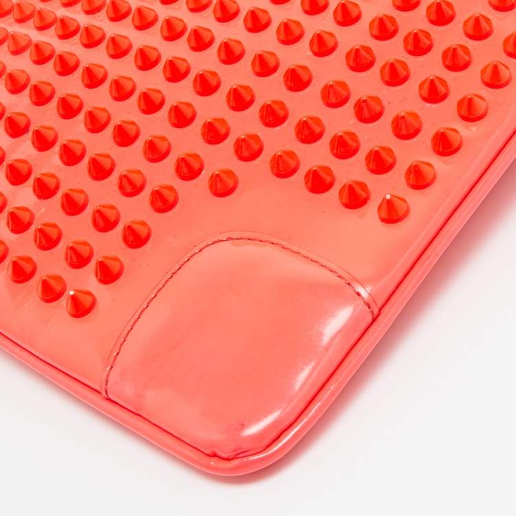 Pre Owned Christian Louboutin Neon Coral Orange Patent Leather Loubiposh Spike Chain Clutch