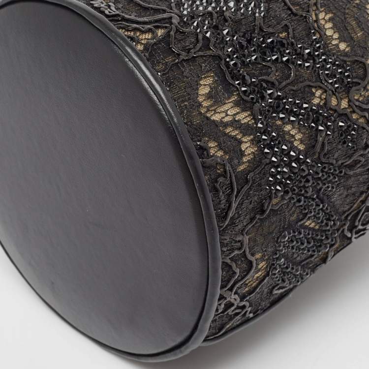 Pre Owned Christian Louboutin Black Lace, Feather and Leather Marie Jane Bucket Bag
