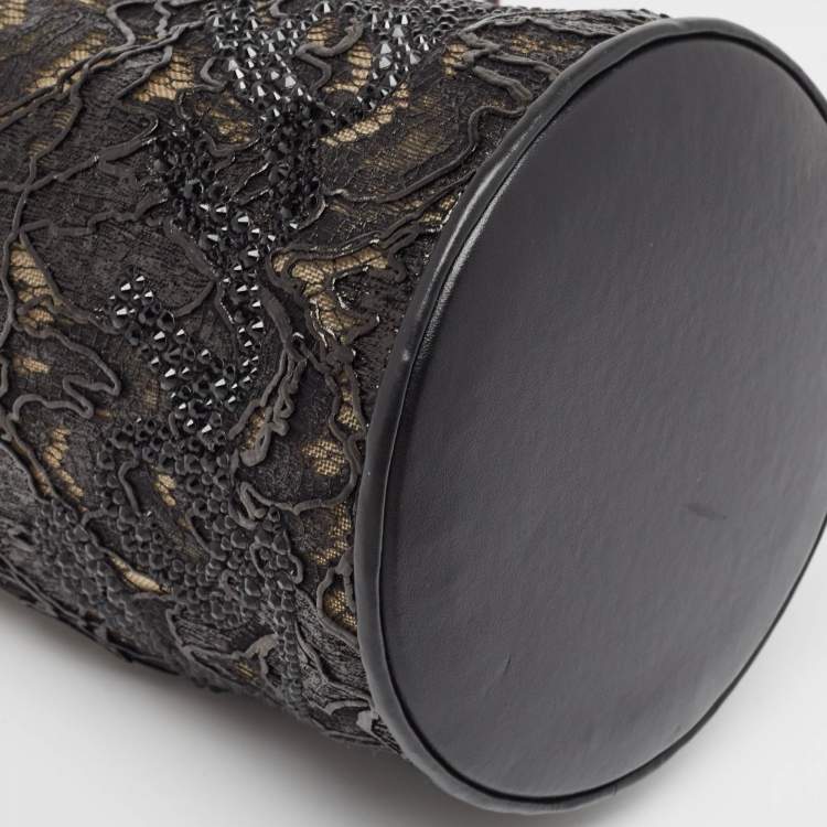 Pre Owned Christian Louboutin Black Lace, Feather and Leather Marie Jane Bucket Bag