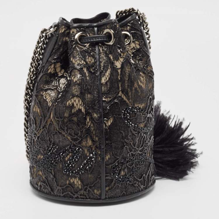 Pre Owned Christian Louboutin Black Lace, Feather and Leather Marie Jane Bucket Bag