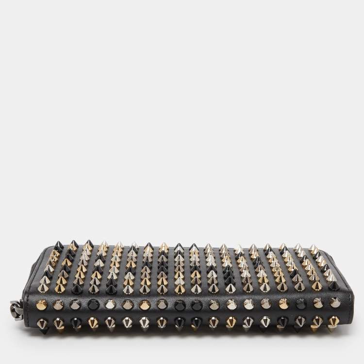 Pre Owned Christian Louboutin Black Leather Spikes Panettone Zip Around Wallet