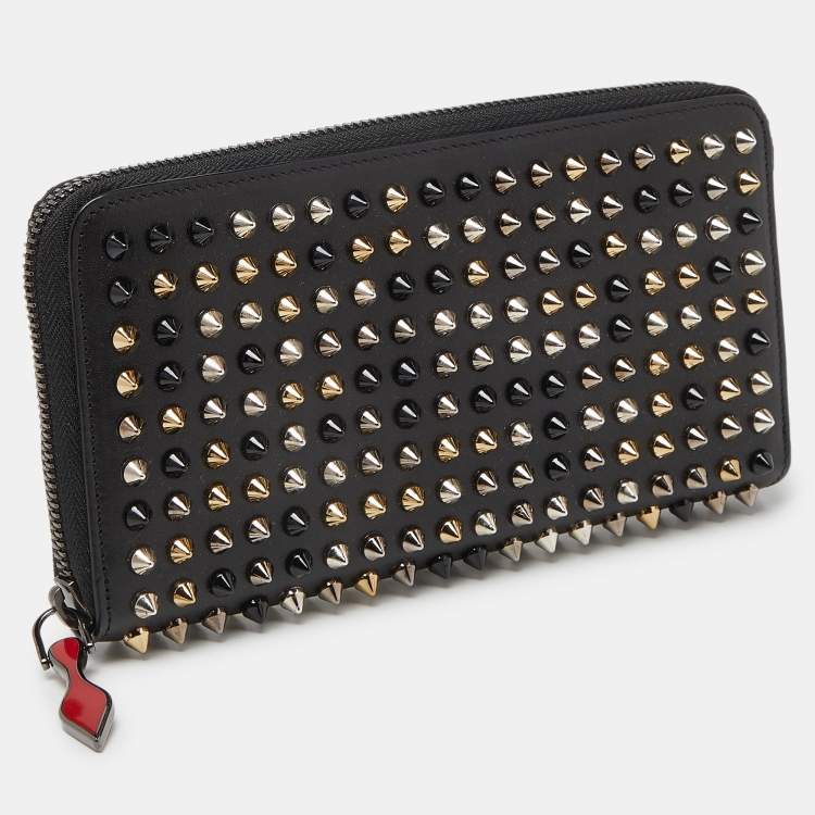 Pre Owned Christian Louboutin Black Leather Spikes Panettone Zip Around Wallet