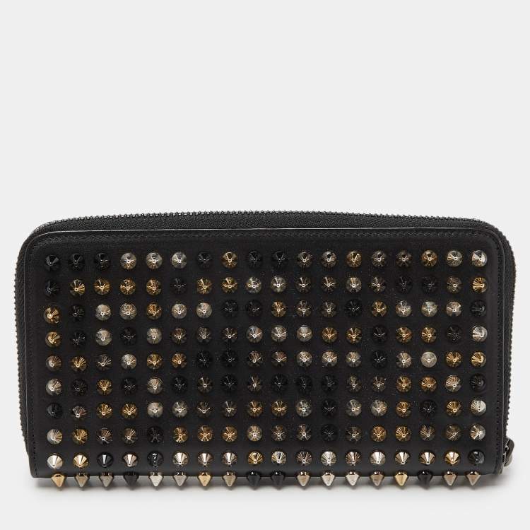 Pre Owned Christian Louboutin Black Leather Spikes Panettone Zip Around Wallet
