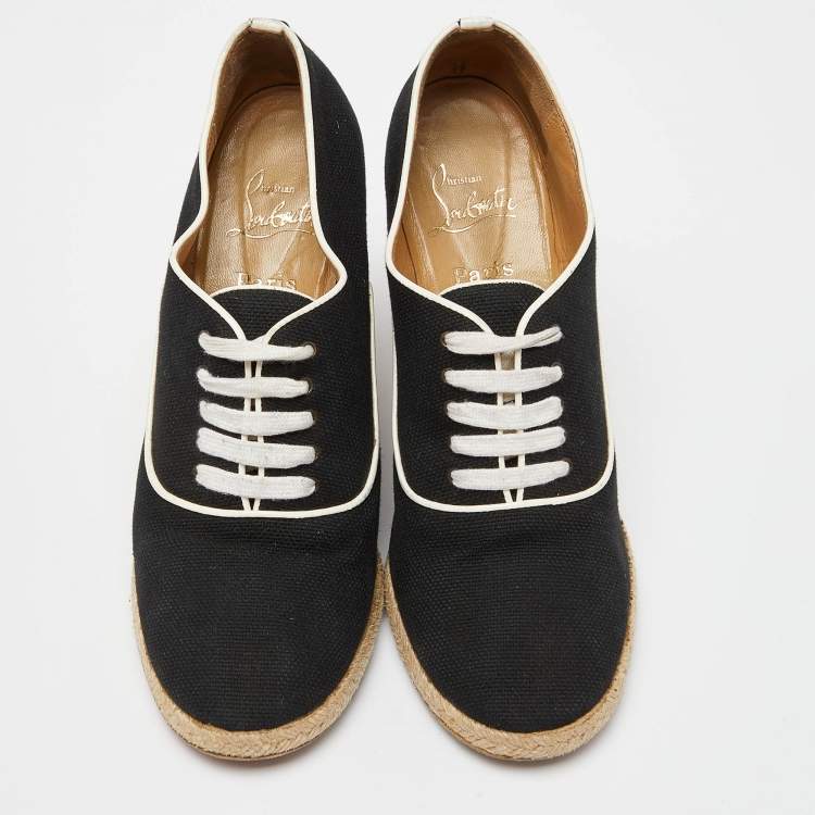 Pre Owned Christian Louboutin Black Canvas Lace Up Espadrille Wedge Sneakers Size 39