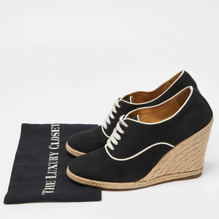 Pre Owned Christian Louboutin Black Canvas Lace Up Espadrille Wedge Sneakers Size 39