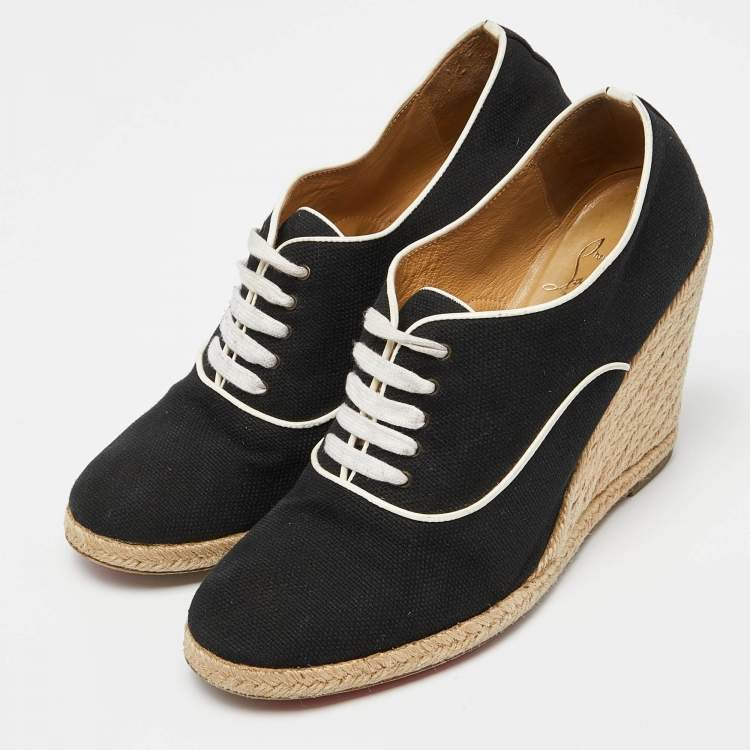 Pre Owned Christian Louboutin Black Canvas Lace Up Espadrille Wedge Sneakers Size 39